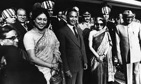 Ziaur Rahman and Khaleda Zia with Indian leaders including Indira Gandhi and Morarji Desai at an outdoor ceremony.